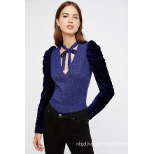 Shimmering Lurex Sweater Top Featuring Contrast Velvet Sleeves